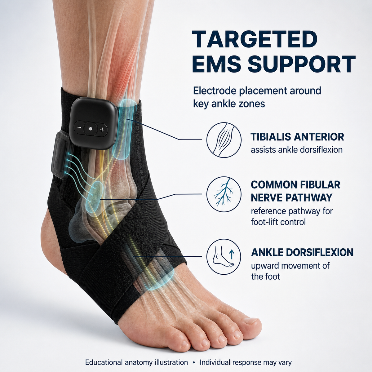 Educational ankle EMS electrode placement illustration