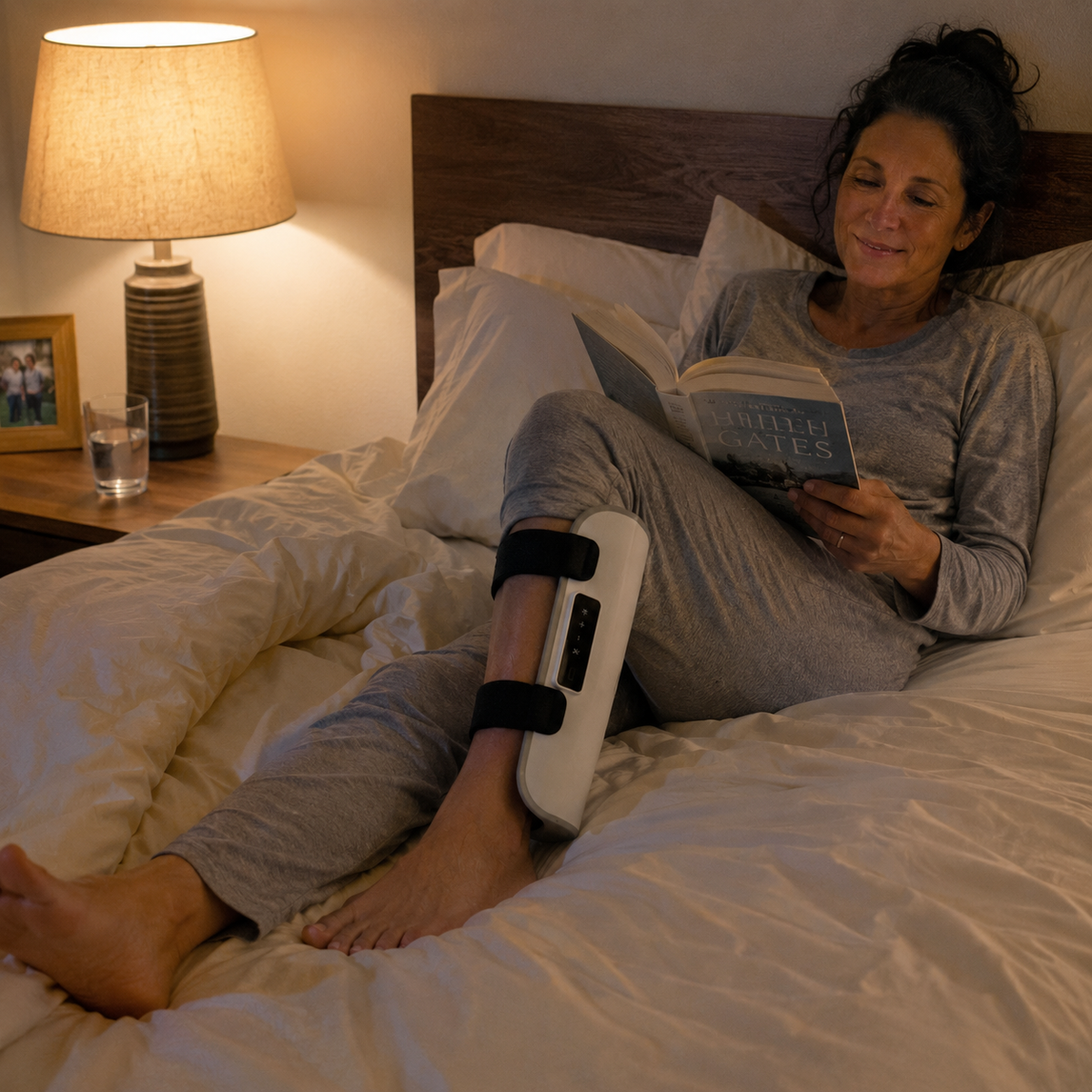 Pair of Lunara calf therapy sleeves on soft fabric