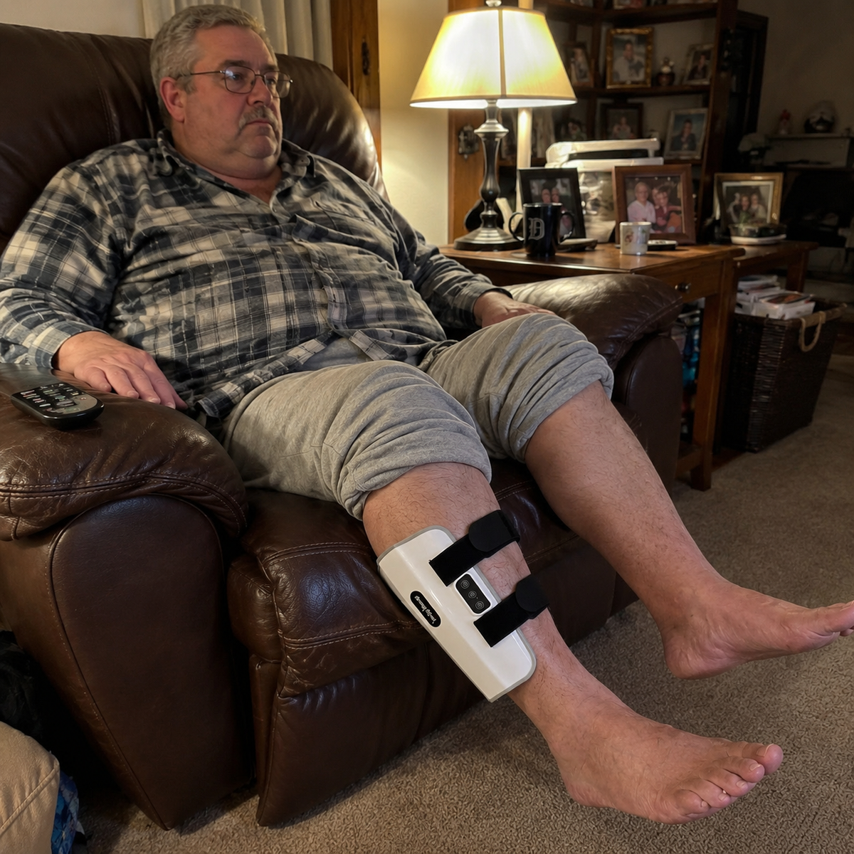 Customer using Lunara calf therapy sleeve while relaxing on the sofa
